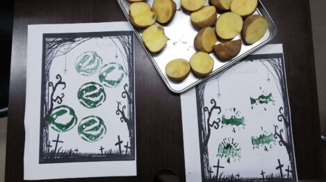 english halloween craft potato stamps for lessons teaching children in japan and ESL around the world