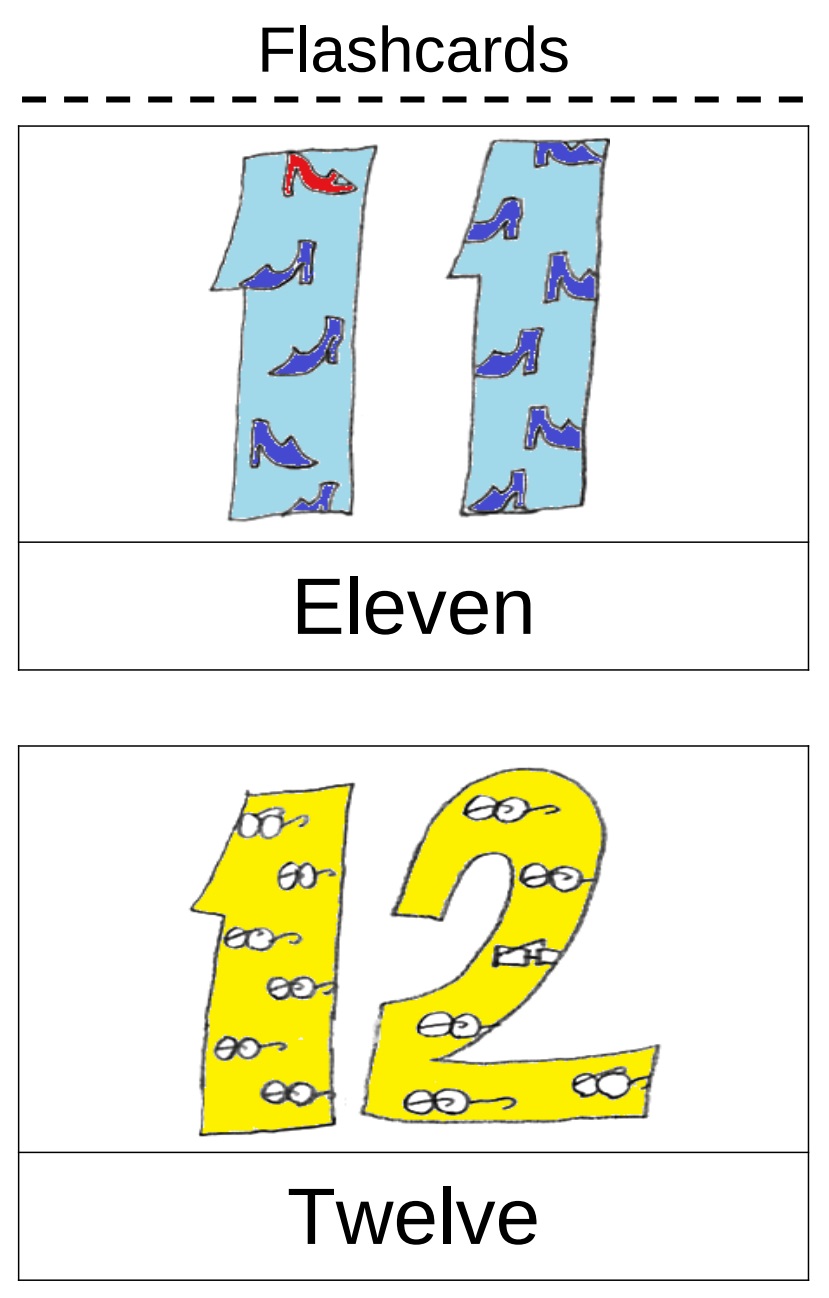 english flashcards for number 11 and 12 to download, print and play for lessons teaching children in japan and ESL around the world from esl-classroom-games.com
