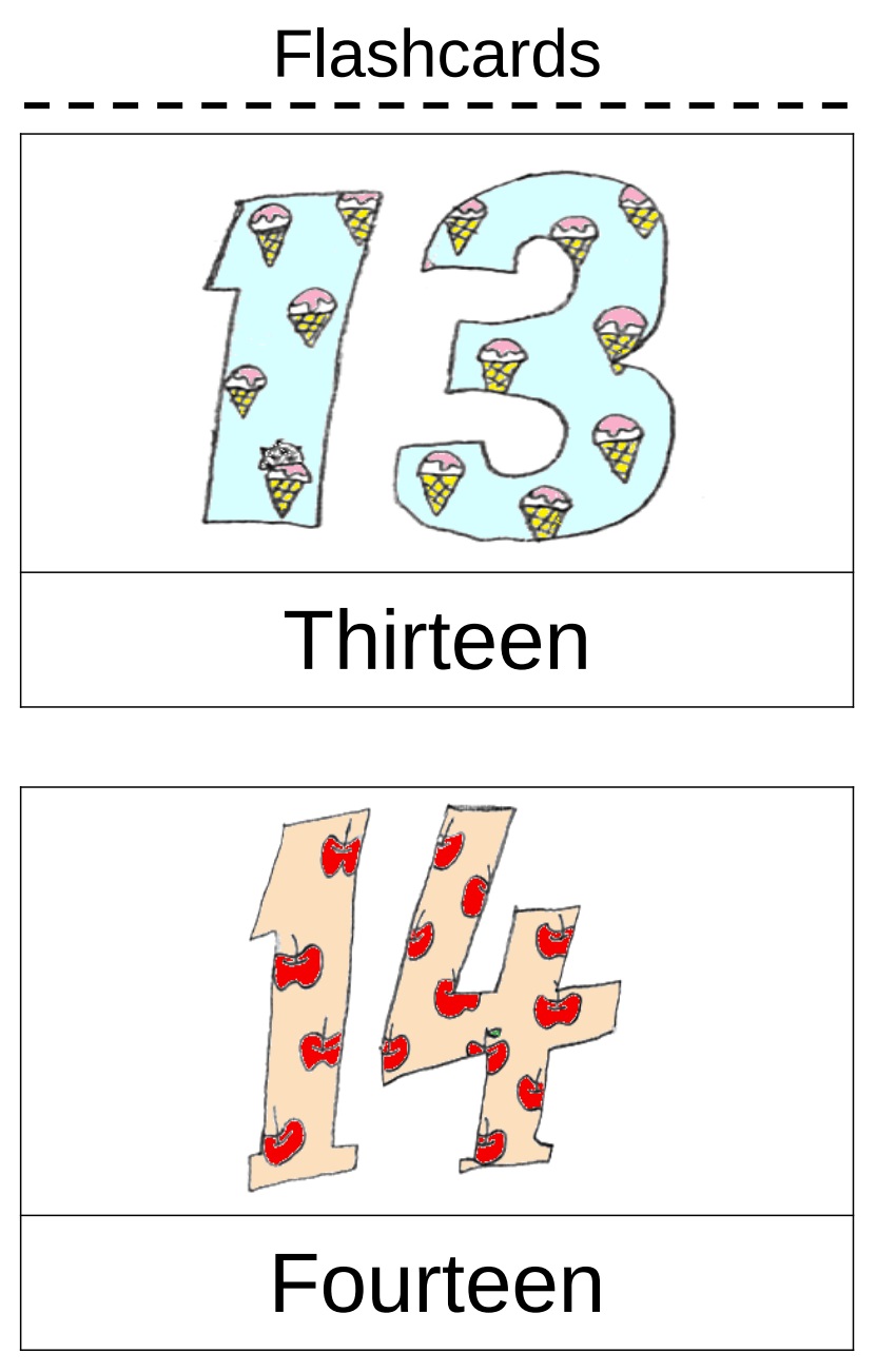 english flashcards for number 13 and 14 to download, print and play for lessons teaching children in japan and ESL around the world from esl-classroom-games.com