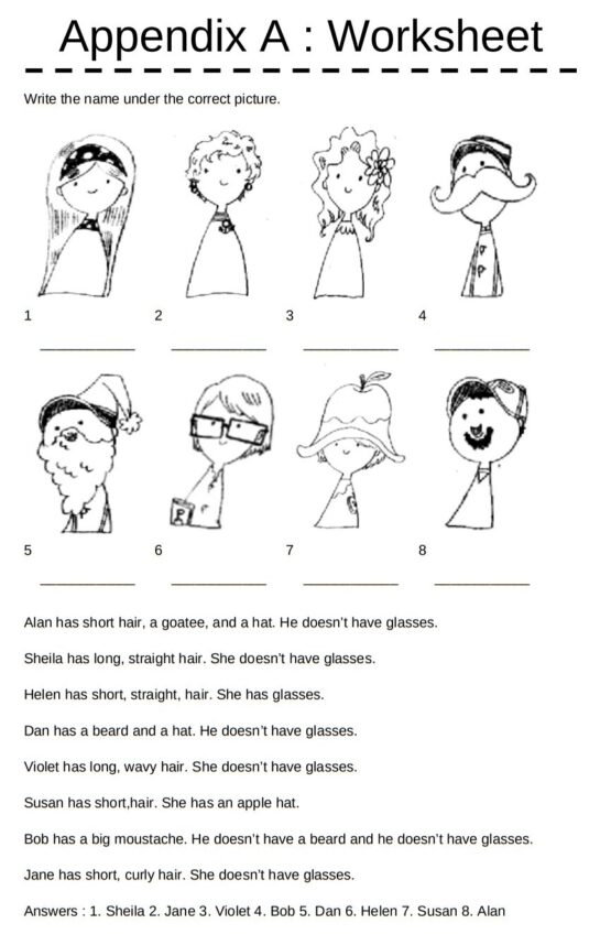 english free describing people worksheet to print and download for lessons teaching children in japan and ESL around the world